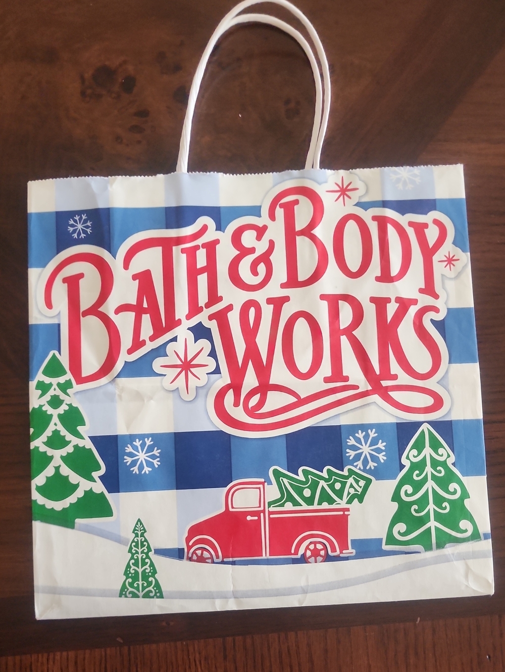 Bath & Body Works Blue & Red Holiday Gift Bag with Green Accents